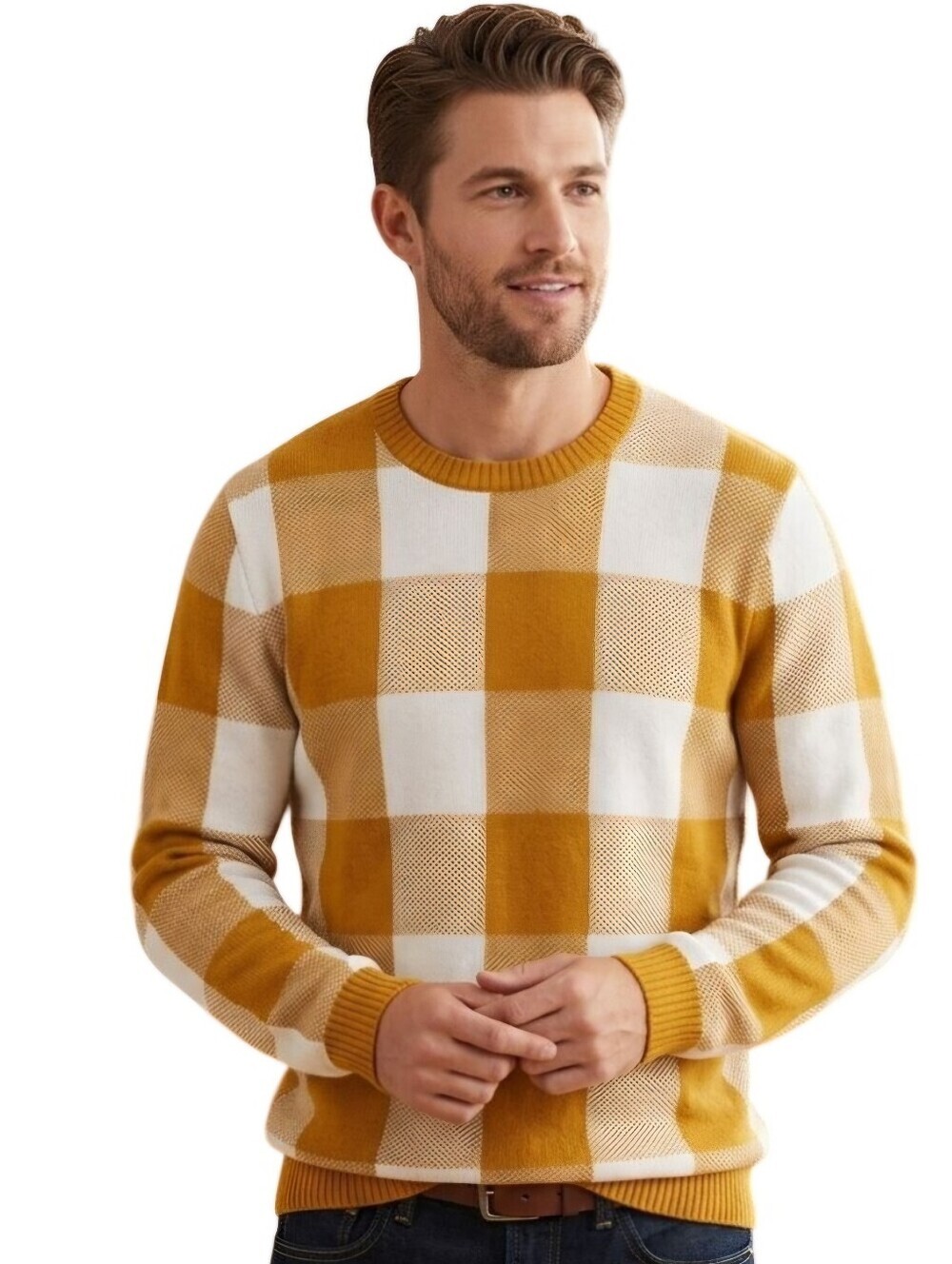 Pendleton Vintage Mustard Cream Buffalo Check Wool Crewneck Sweater Size L